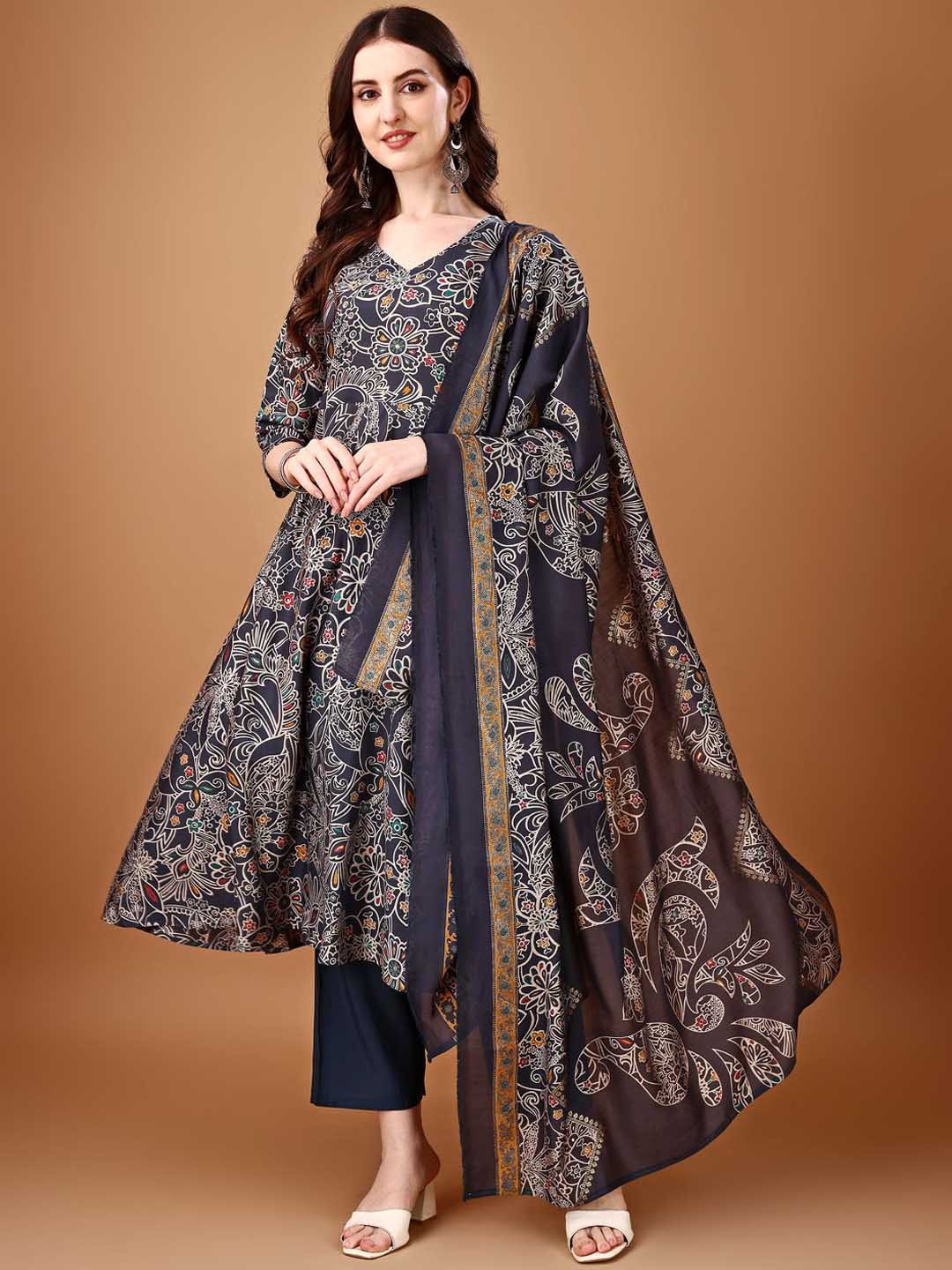 Women's Cotton Blend V-Neck Anarkali Printed Kurta with Palazzo & Dupatta