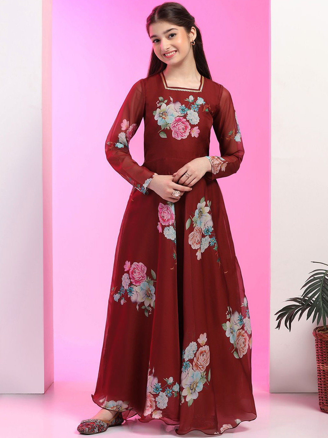 Girls Floral Sequinned Embroidered Ethnic Dress