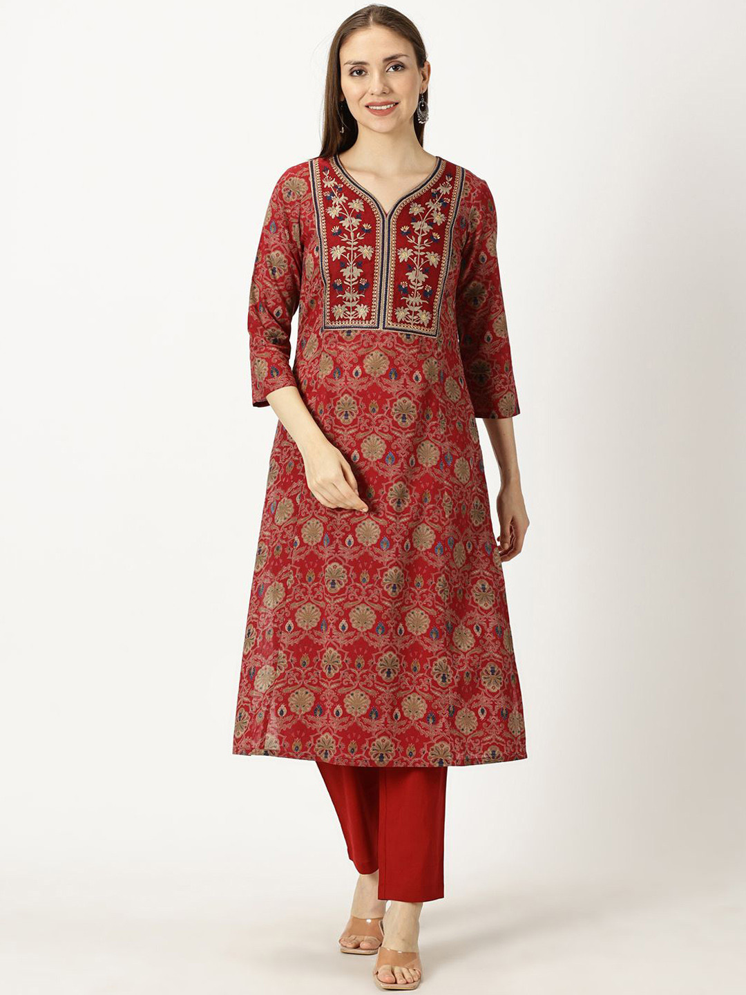 Women's Cream Checked Woven Design Thread Work Cotton Straight Kurta