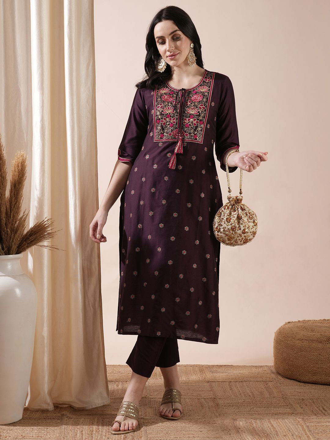 Purple Floral Acrylic Blend Straight Kurta with Trouser Co-ord Set for Winter