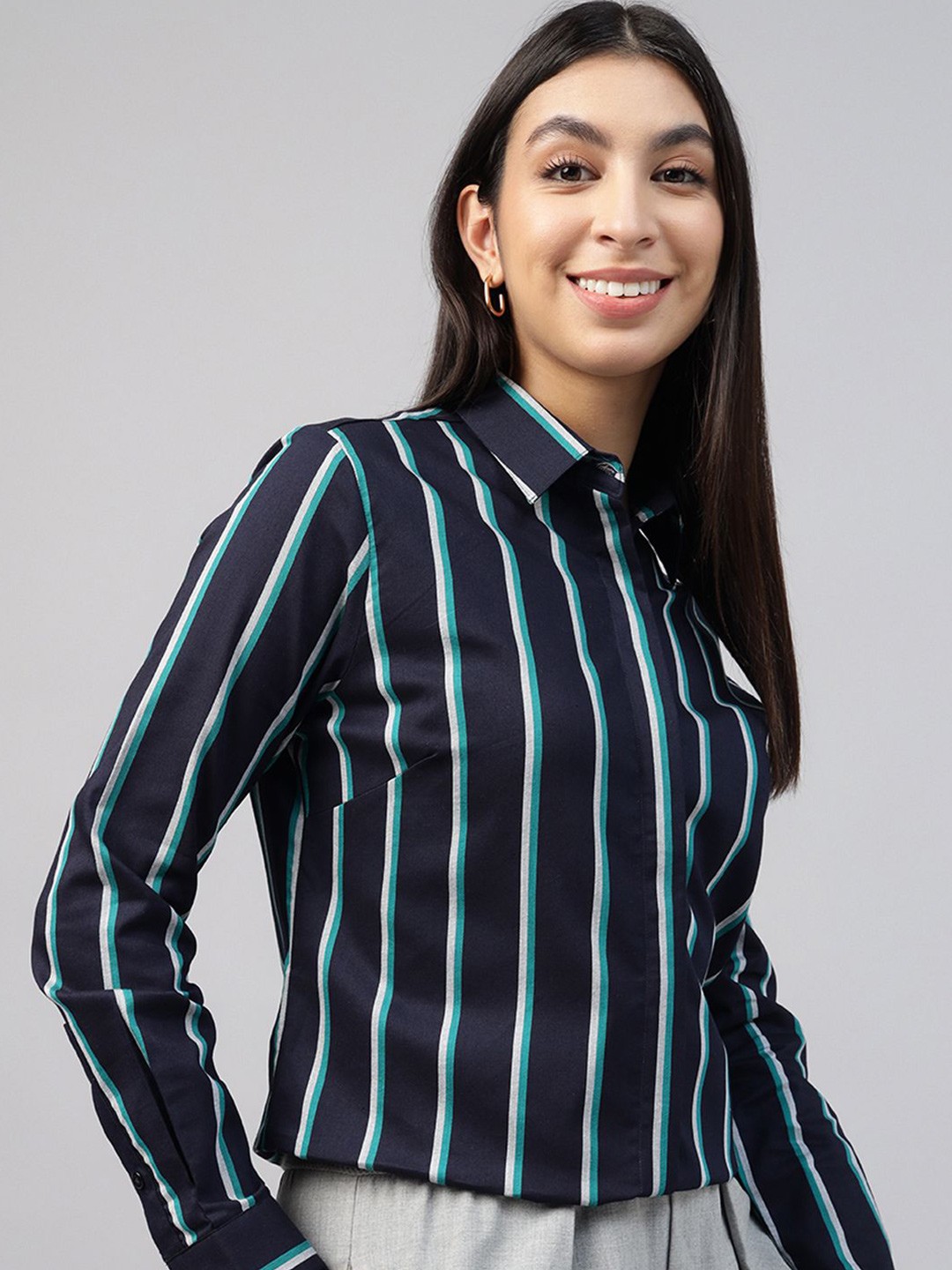 Buy Hancock Women Spread Collar Vertical Striped Cotton Formal Shirt ...