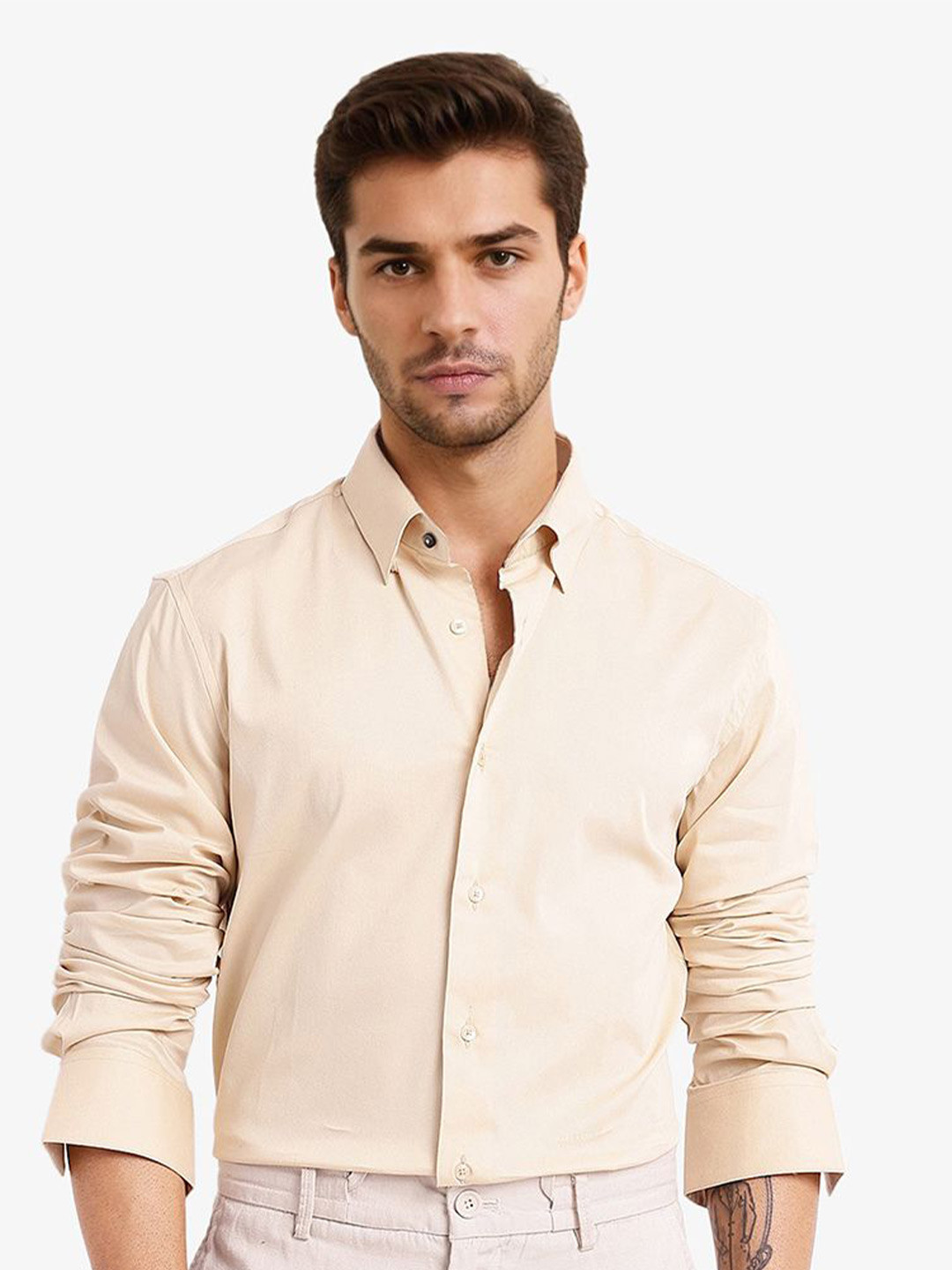 Men's Yellow Comfort Spread Collar Solid Cotton Casual Shirt