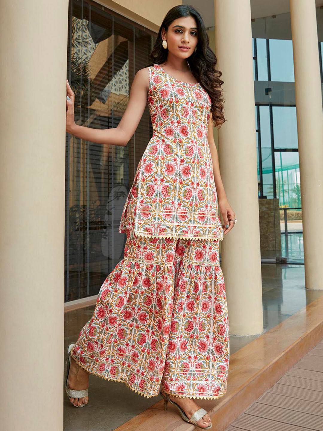 Round Neck Cotton Kurti With Matching Sharara main image 1