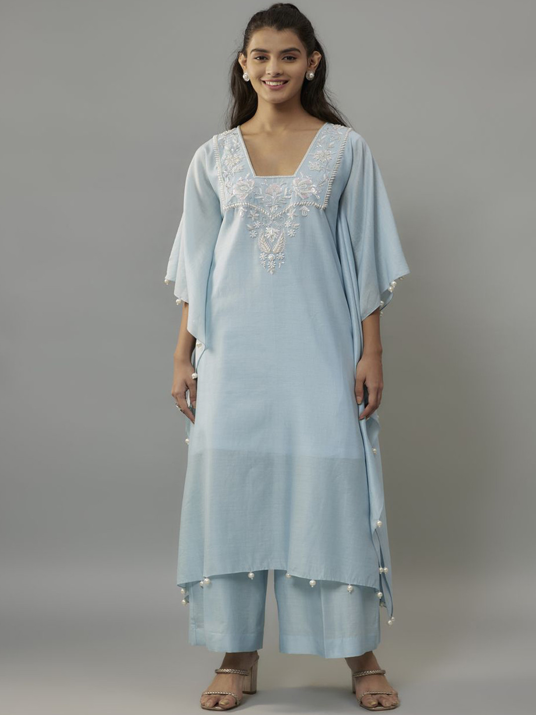Women's Navy Blue Floral Printed Beads & Stones Kurta Set
