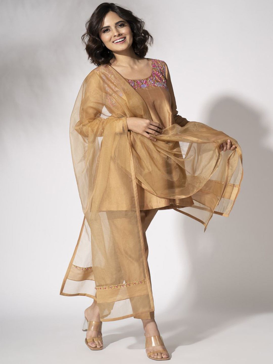 White Kurta with Floral Embroidery, Fitted Trouser & Chanderi Jcard Dupatta