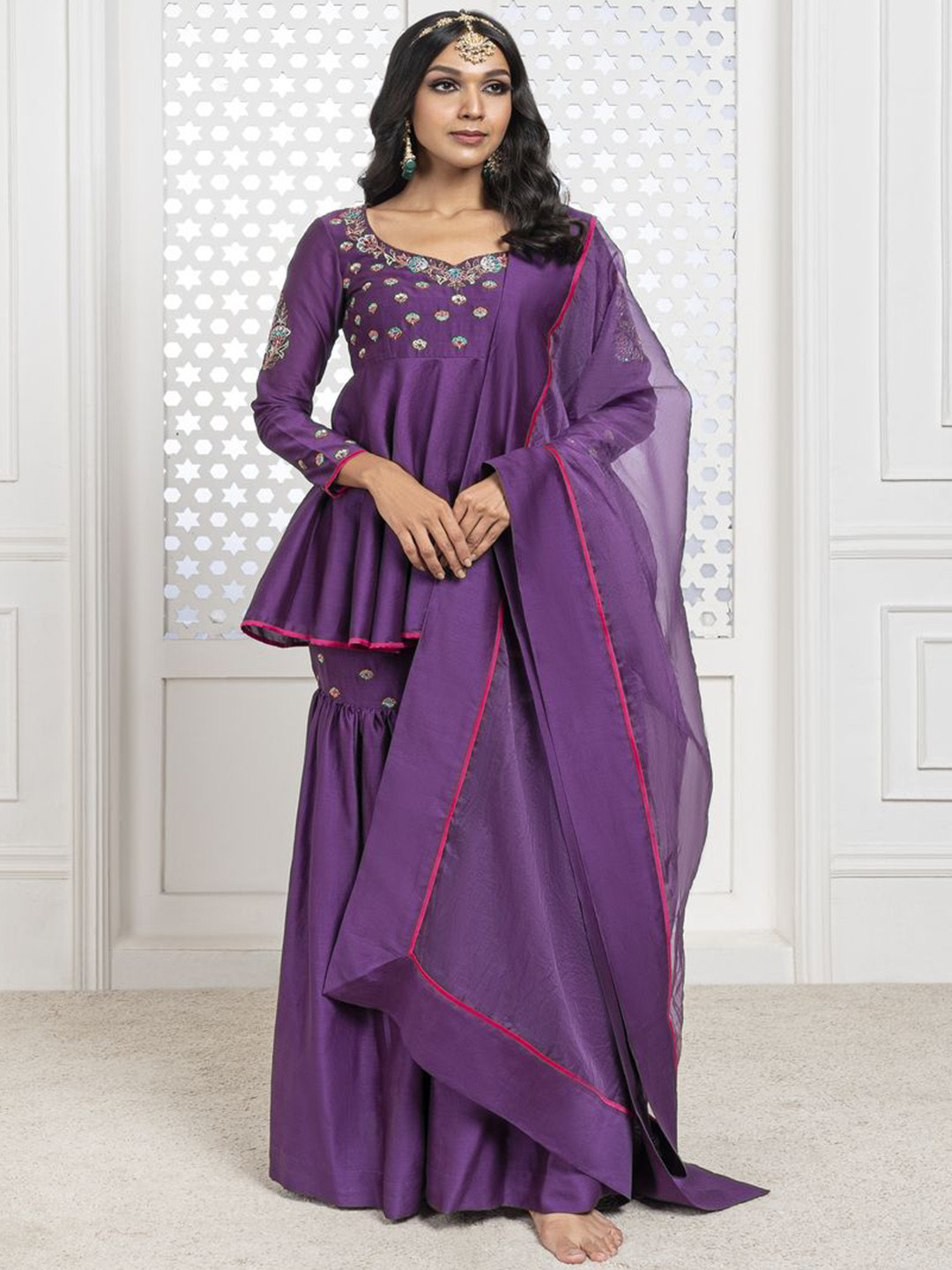 Women Floral Printed Knee Length Round Neck Chanderi Cotton Kurti And Pant Set With Printed Dupatta