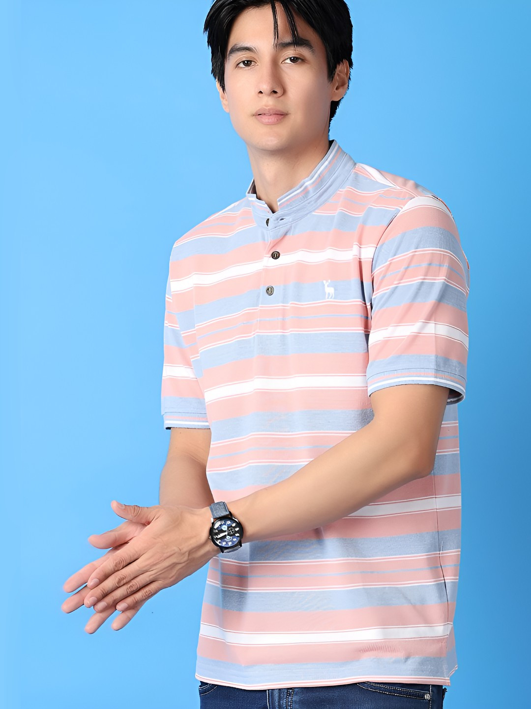 Men's Mandarin Collar Striped White Shirt