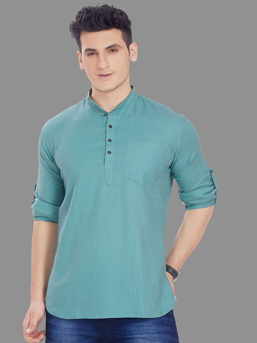 DENNISON Men Mandarin Collar Roll-Up Sleeves Kurta