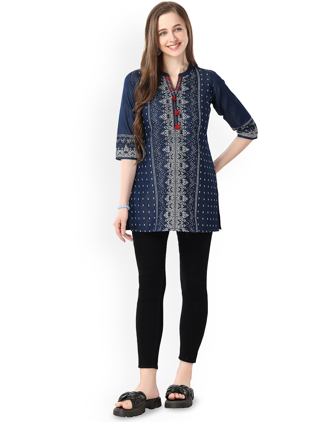 Keshubaba Women's Ethnic Blue Short Tunic Top - Sleeveless Embellished Summer Tunic | Size L