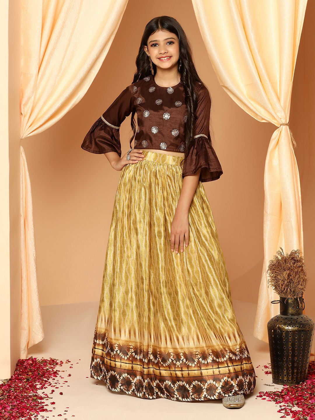 Girls Beige Rose Flower Ready To Wear Lehenga With Choli