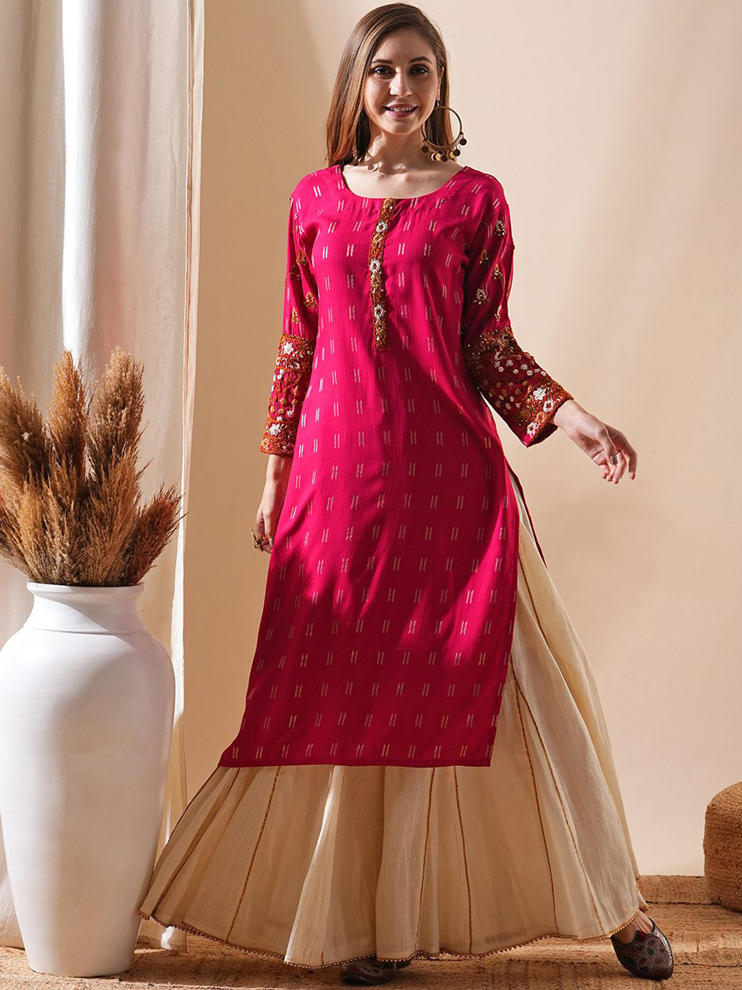 Babyhug Woven  Full Sleeves Dobby Embroidered Kurta & Dhoti Set -  Brown main image 1