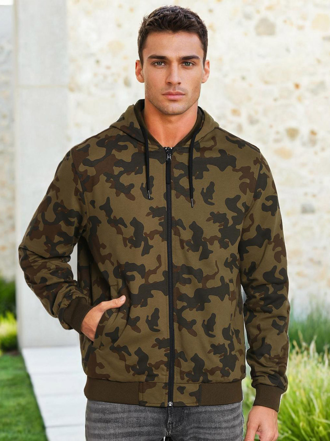 Men's Camouflage Black Jacket with Detachable Hood