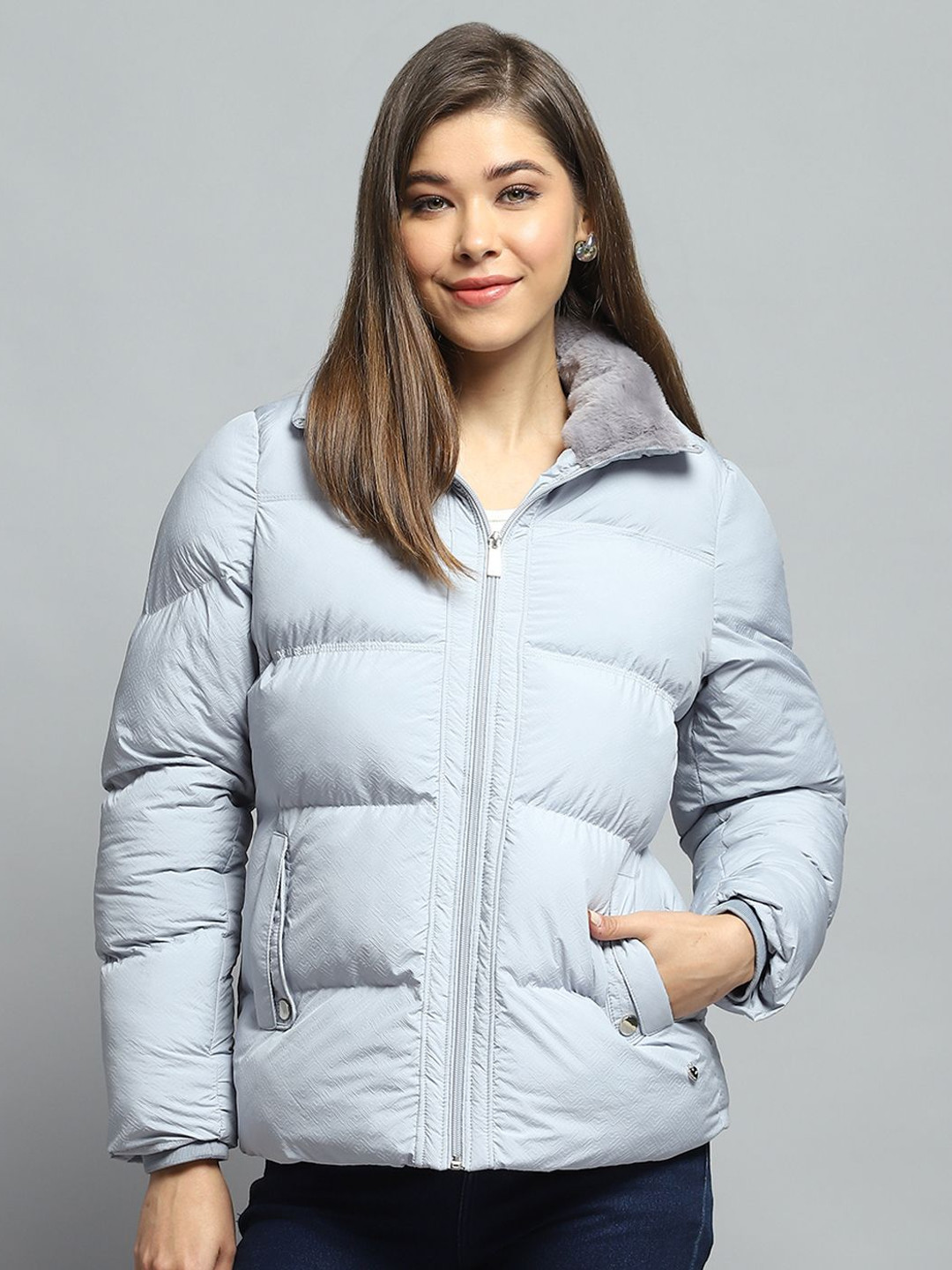 Women's Black Mock Collar Long Sleeves Crop Puffer Jacket