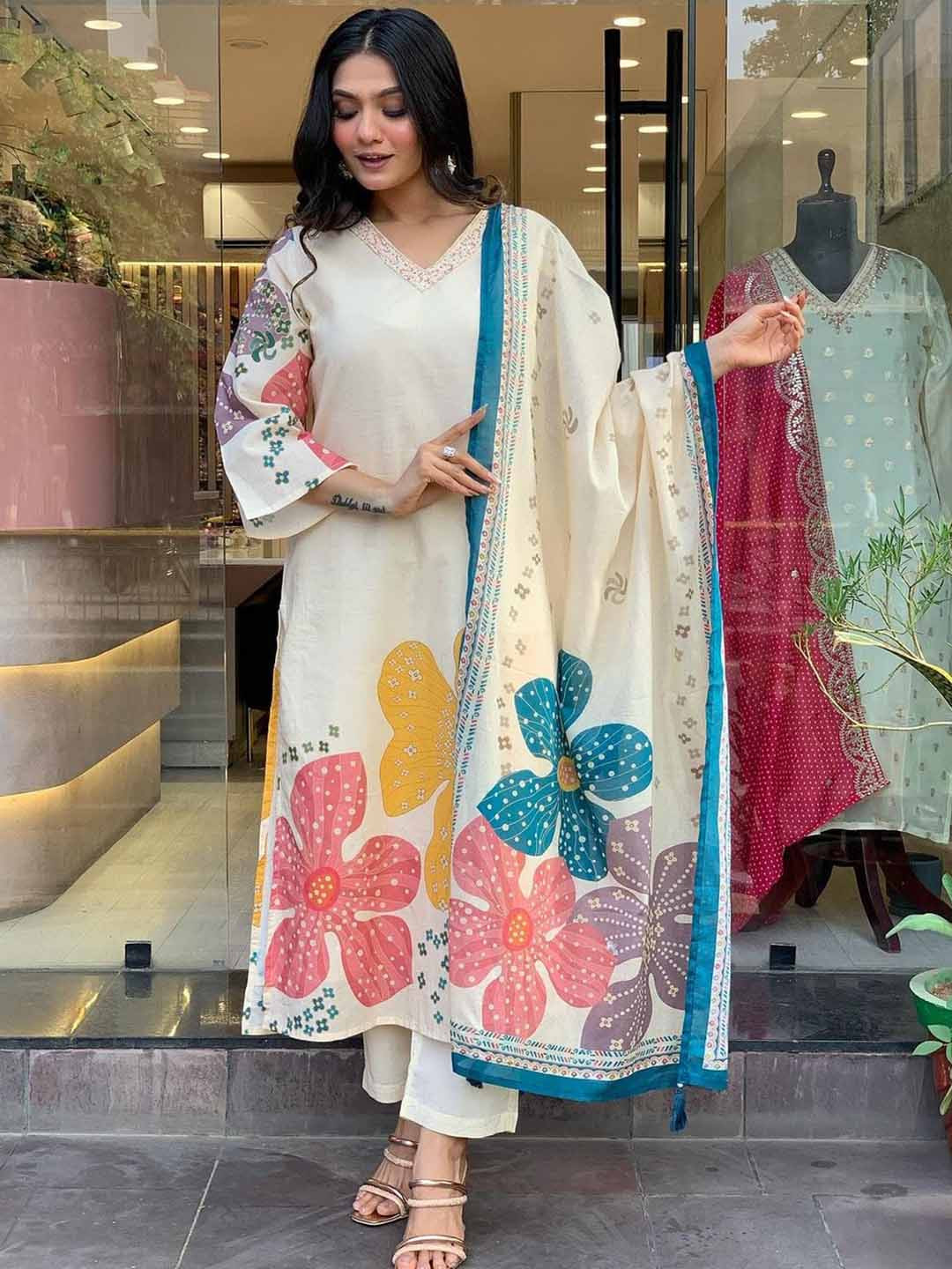 Buy KALINI Women Floral Printed Regular Kurta With Trousers & With ...