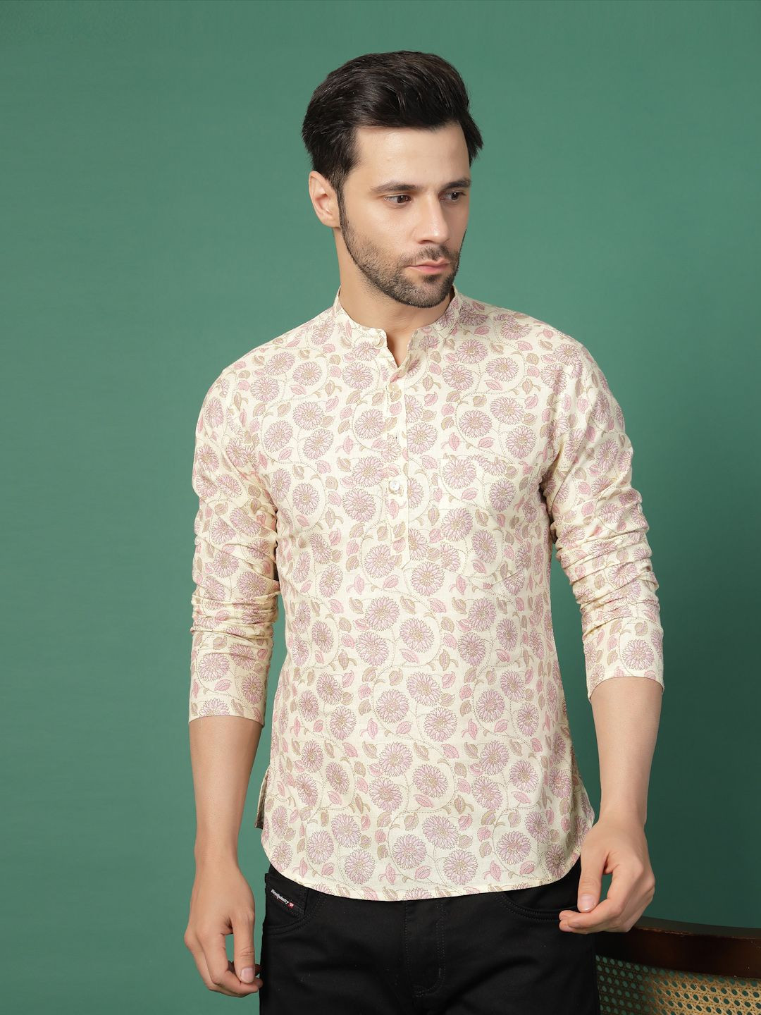 Floral Printed Band Collar Pure Cotton Straight Kurta