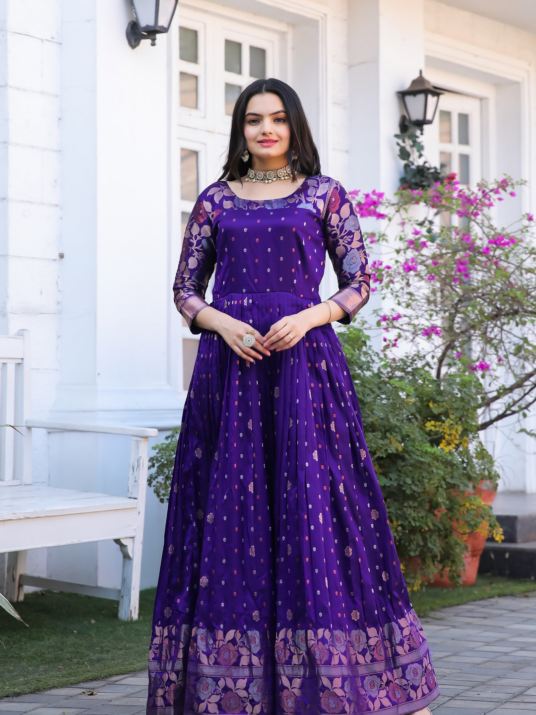 Women Maroon Ethnic Printed Flared Angrakha Dress