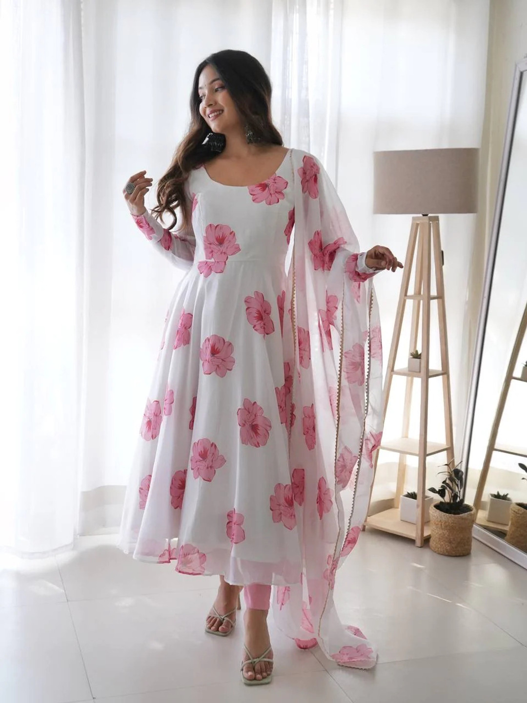 Aspora Olive Floral printed Anarkali Kurta With Trousers & Dupatta