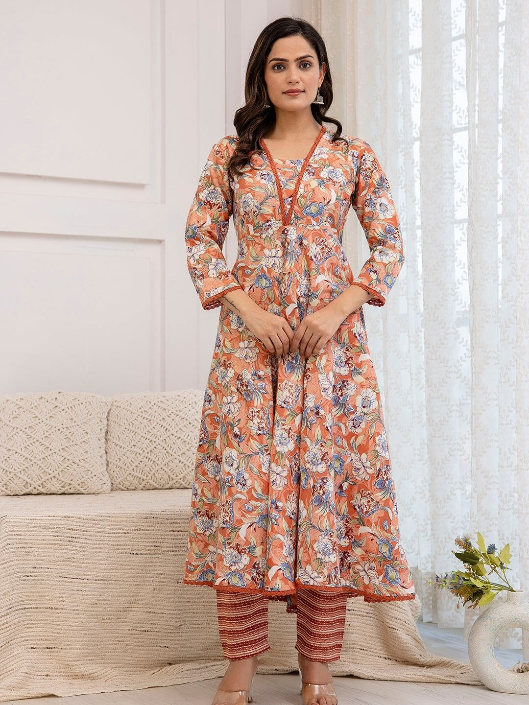 women bandhani printed pure cotton anarkali kurta with trousers & with dupatta