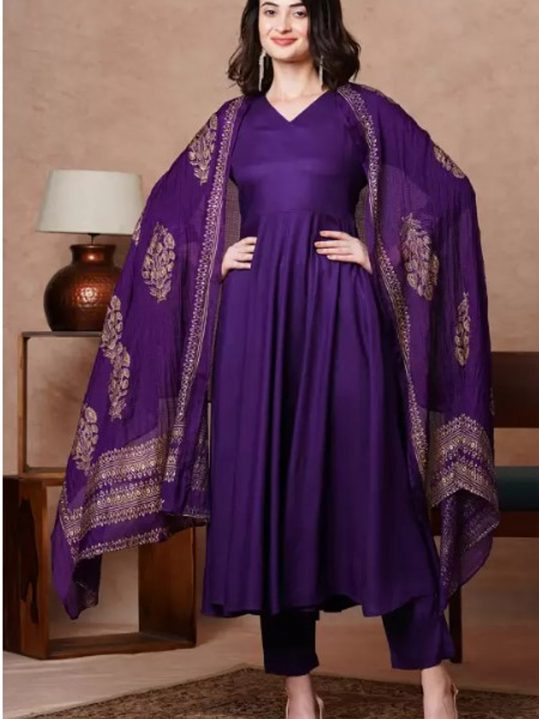 Women's Vichitra Silk Embroidered Anarkali Kurta Pant With Dupatta