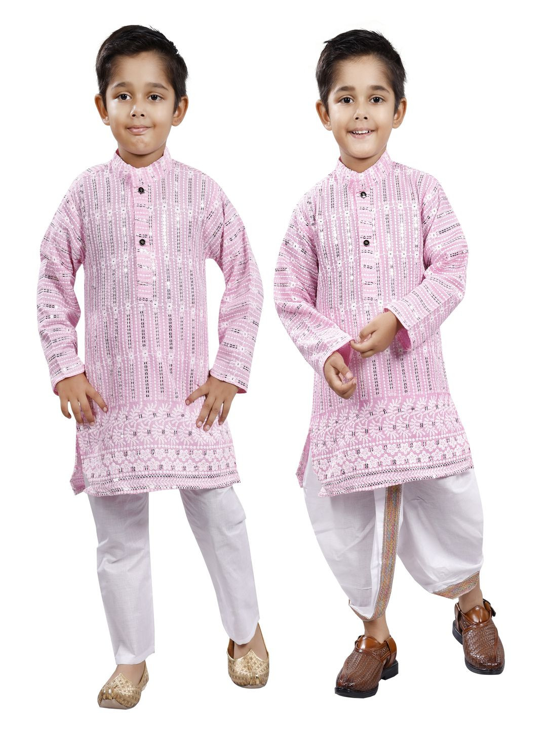 Boys Floral Printed Long Sleeves Straight Kurta With Dhoti Pants