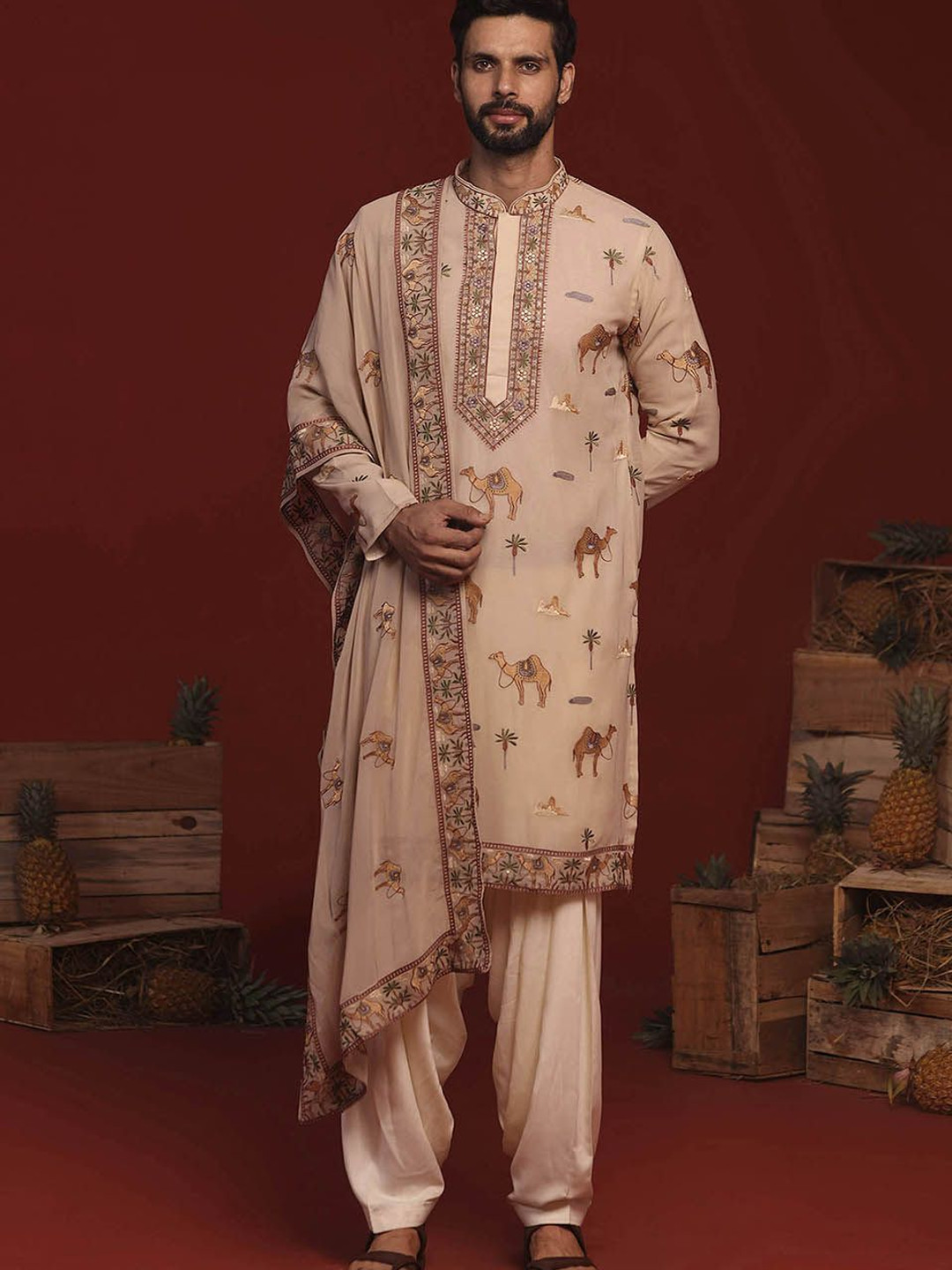 Buy KALPRAAG Brija Animal Print Embroidered Mandarin Collar Kurta With Patiala & Dupatta - Kurta ...