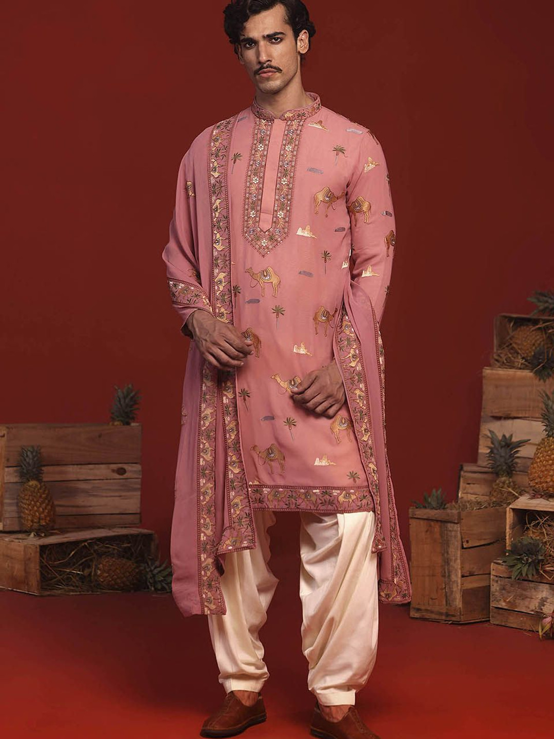Buy KALPRAAG Animal Printed Thread Work Mandarin Collar Kurta With Patiala And Dupatta - Kurta ...
