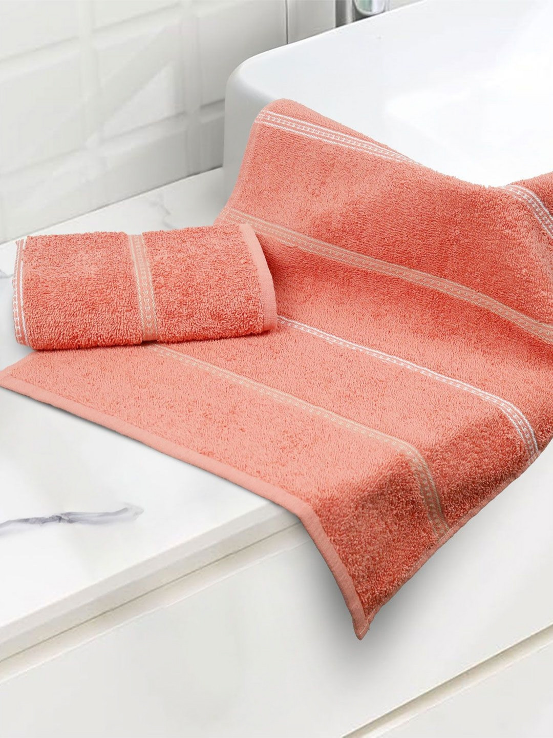 Buy MYTRIDENT Peach Colored & White 2 Pieces Striped 450 GSM Pure ...