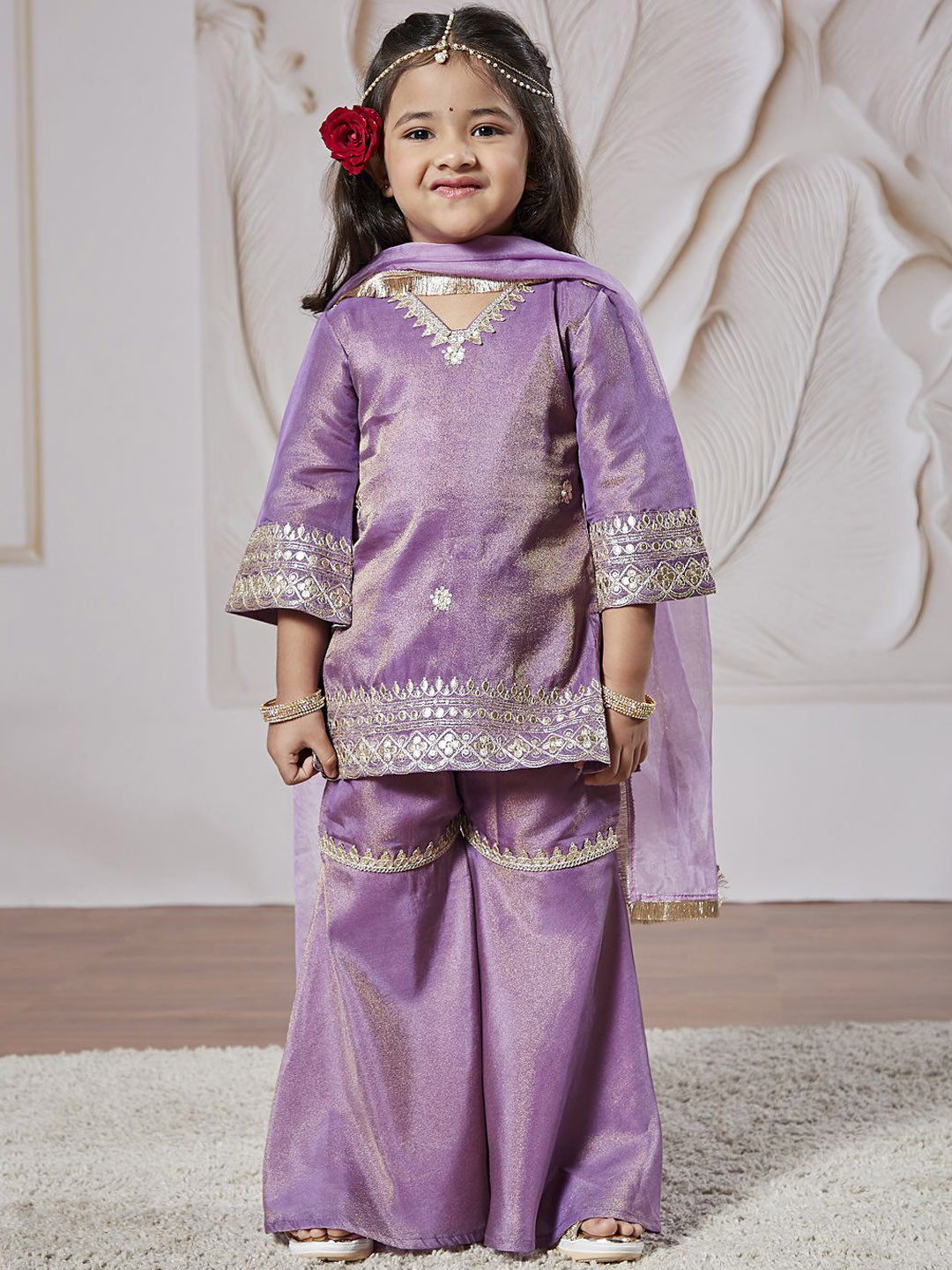 Buy Girls Yellow Floral Printed Cotton Kurta with Sharara & Dupatta – Indiaista main image 0