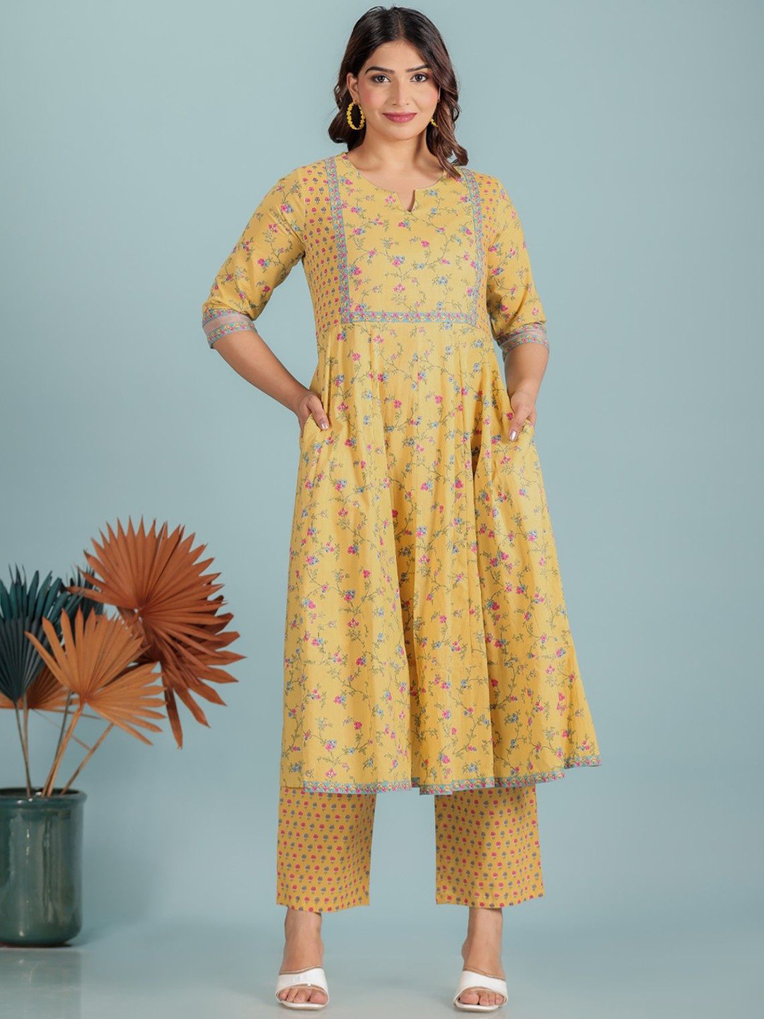 Women Orange Full Sleeve Cotton Anarkali Kurta With Net Work At Yoke