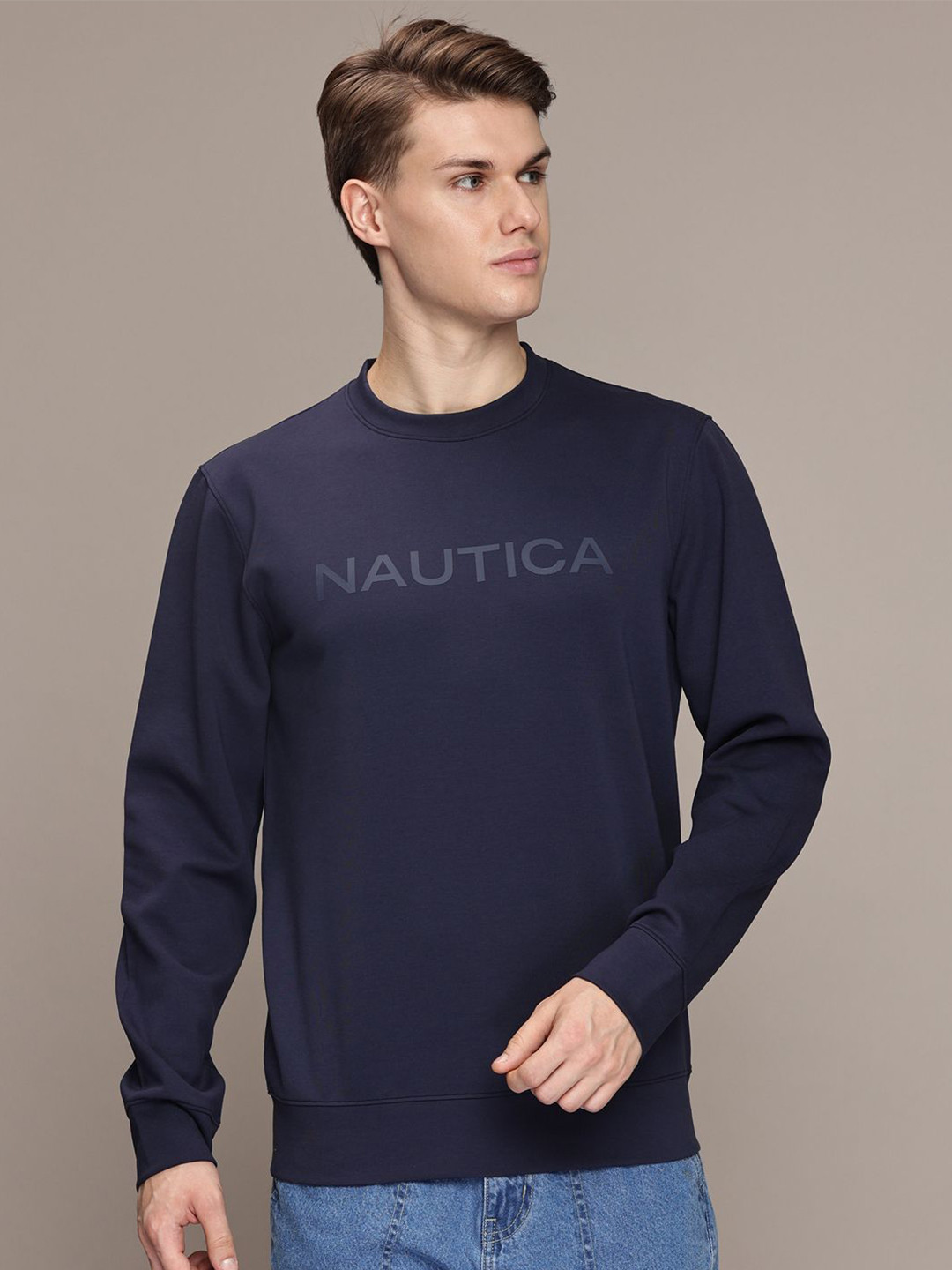 Men's Beige Graphic Print Round Neck Pullover Sweatshirt