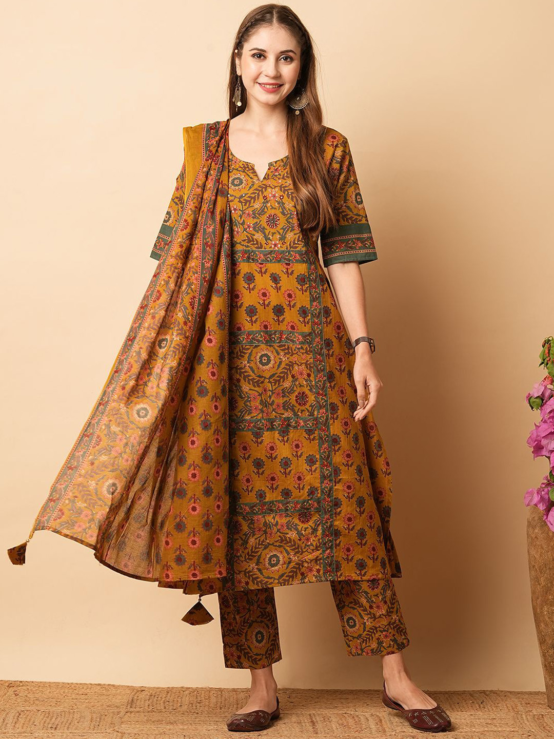 Buy Fashor Women Floral Printed Panelled Beads And Stones Pure Cotton