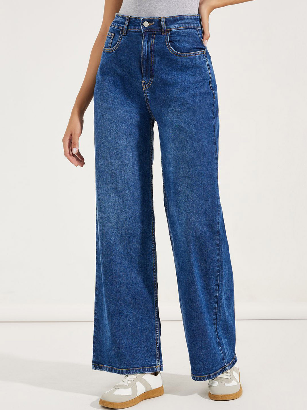 Womens Straight Leg High Waist Denim Jeans Faded Mid Blue