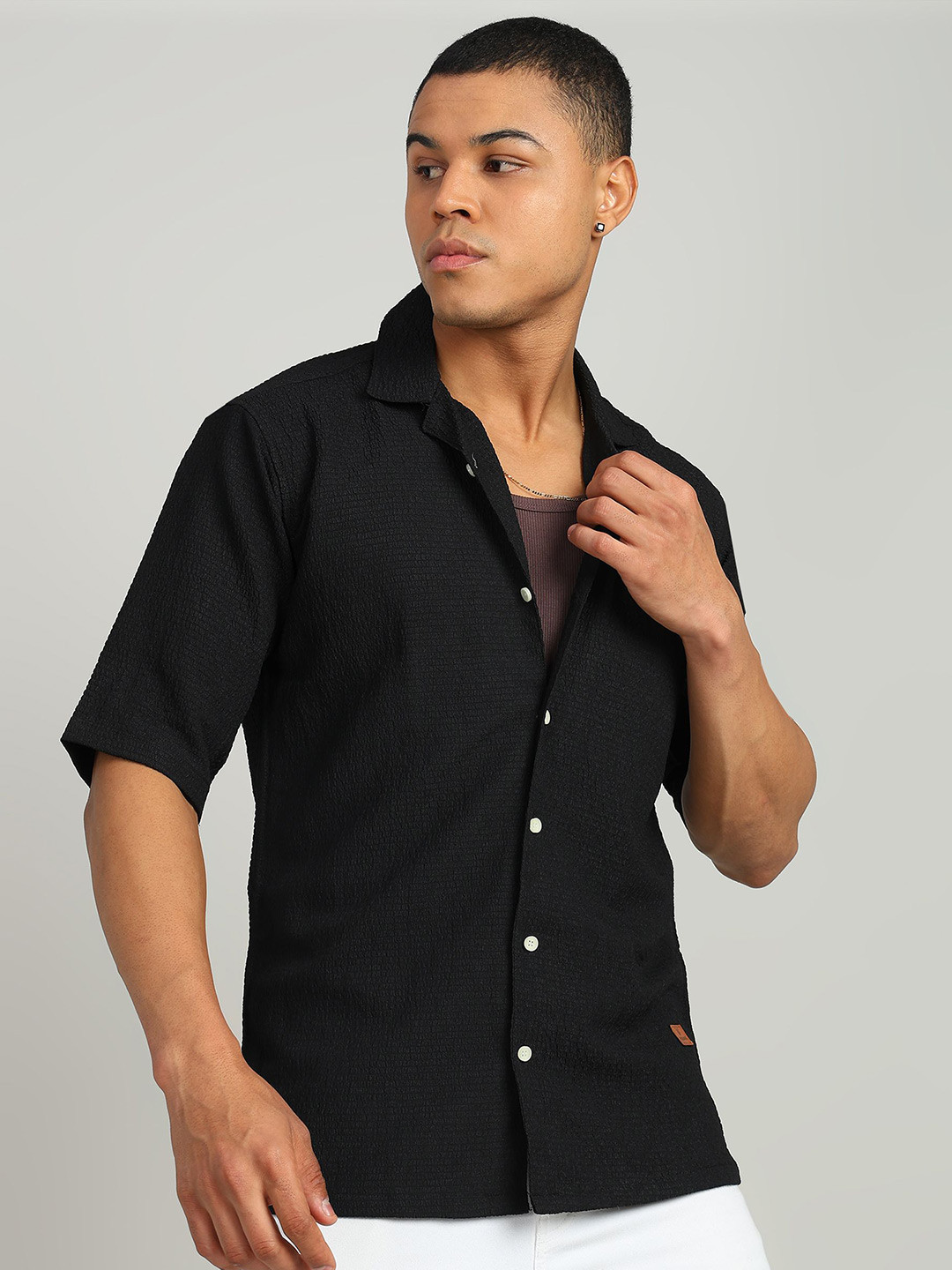 Men's Textured Peach Cuban Collar Relaxed Fit Shirt main image 0