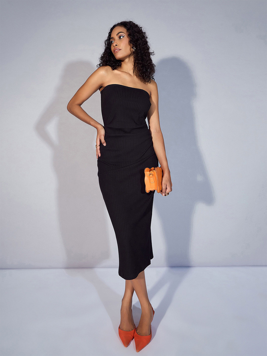 Black Shoulder Strap Sheath Midi Dress with Slit