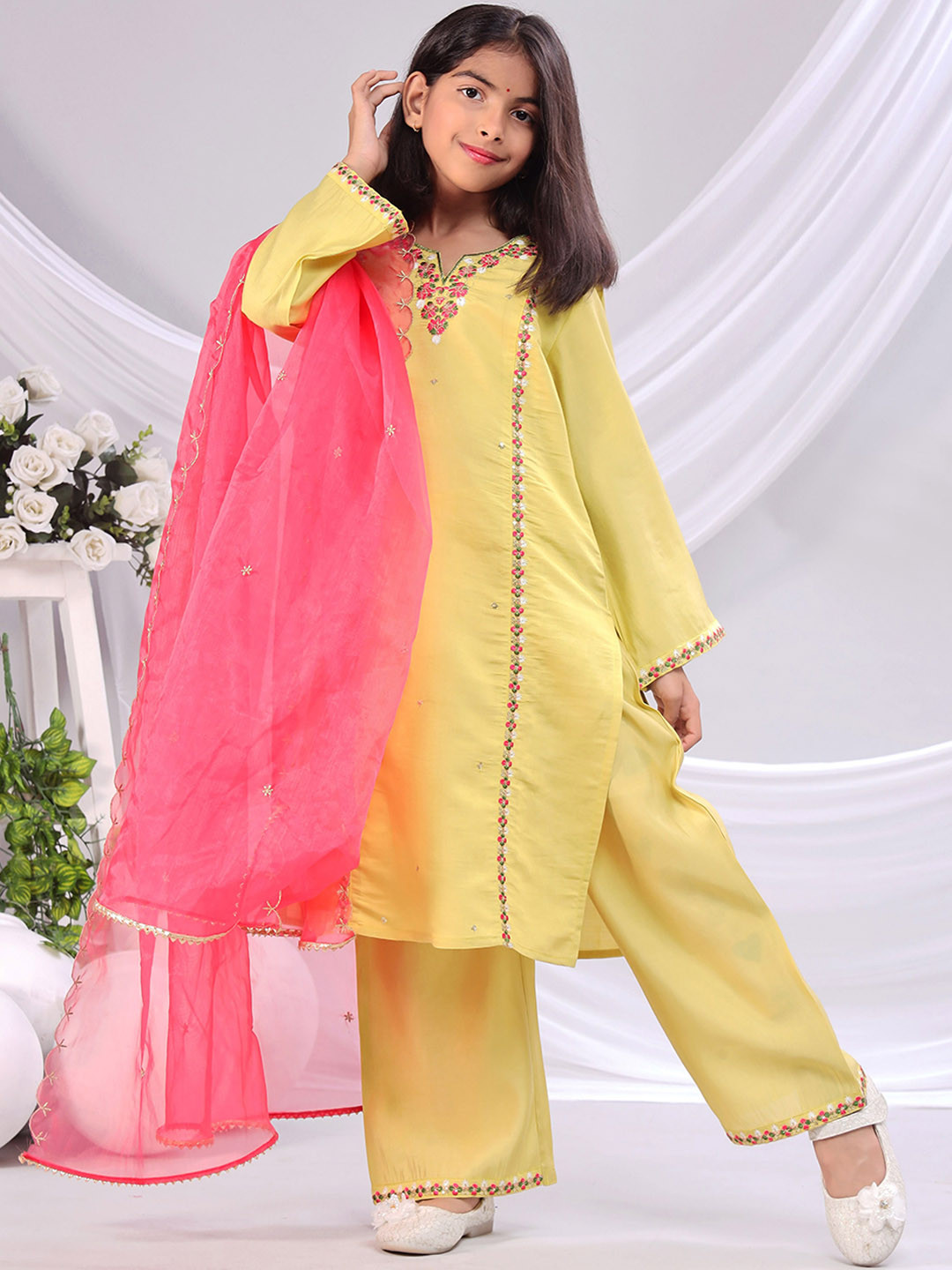 Girls Embroidered Regular Kurta and Plazzo with Dupatta