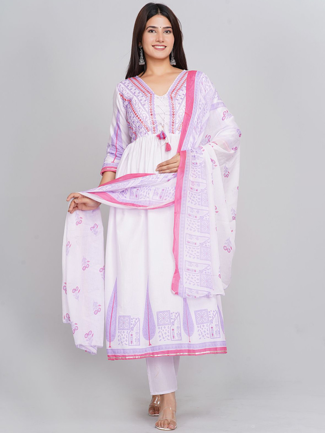 Floral Embroidered Thread Work Anarkali Kurta & Trousers With Dupatta main image 1