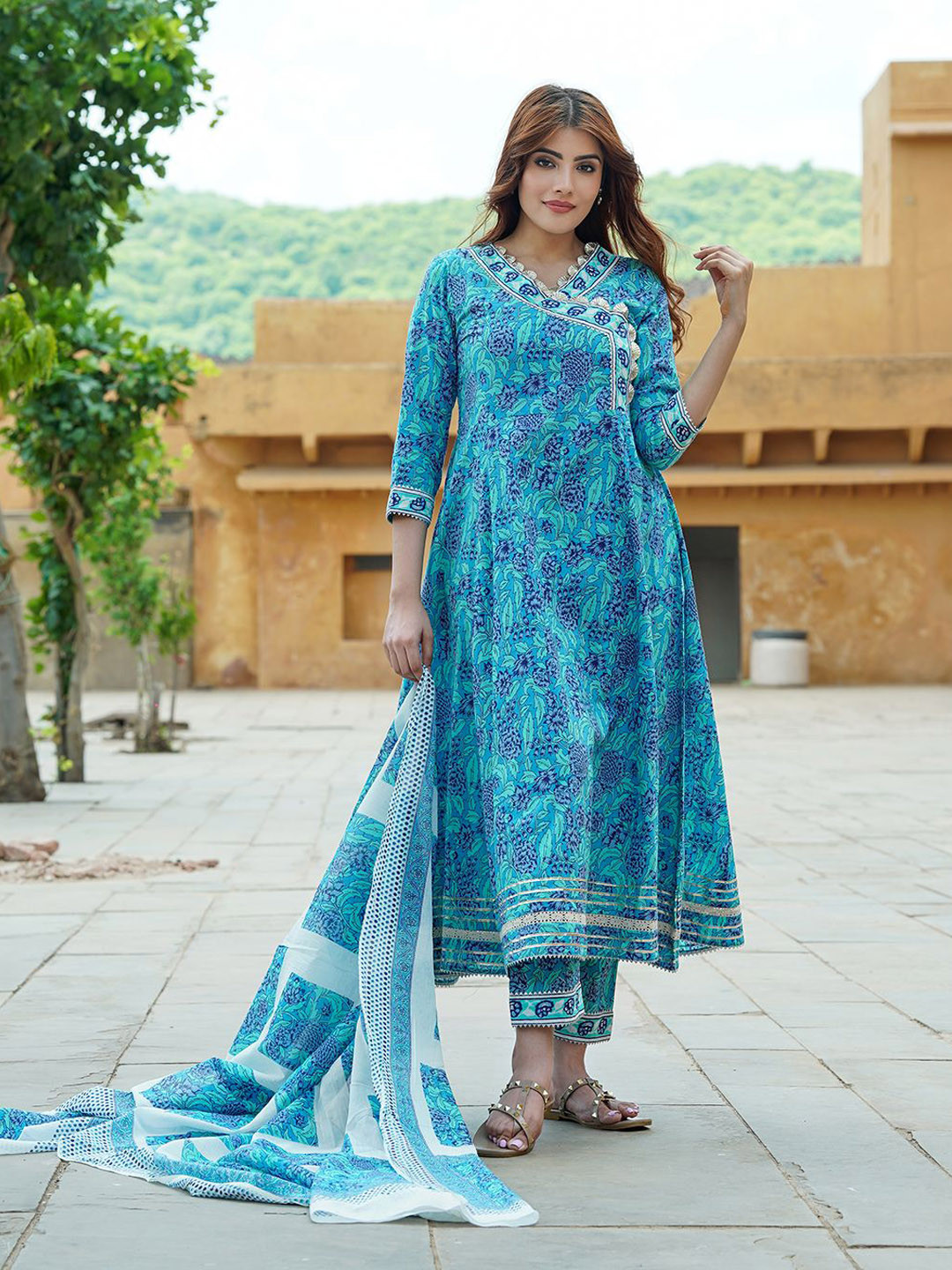Women Blue Cotton Embroidered & Floral Printed Angarkha style Kurta with matching Pant & Dupatta