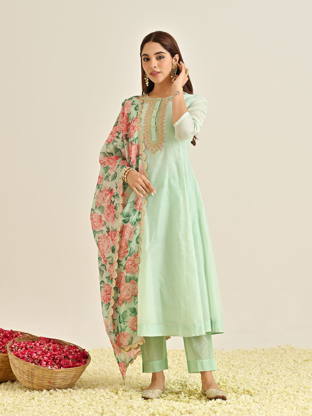 Women Green Floral Yoke Design V-Neck Pleated Anarkali Kurta With Palazzos & Dupatta
