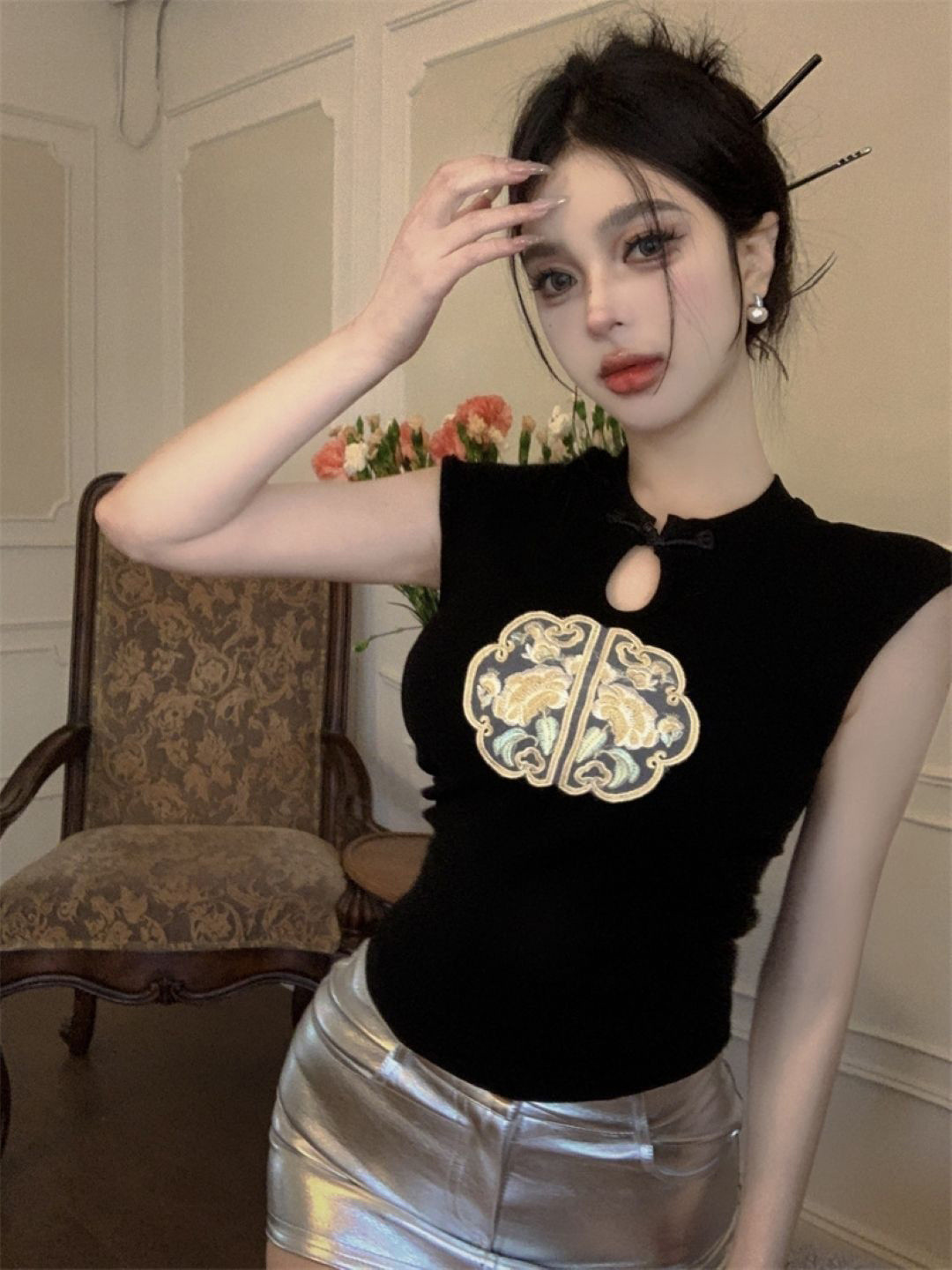Petite Embellished Keyhole Neck Printed Top main image 0