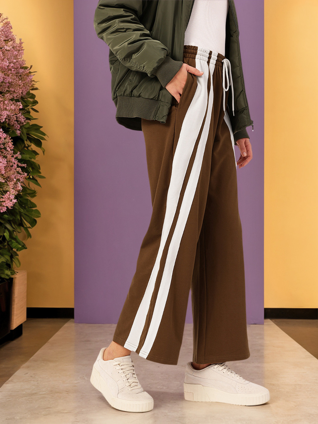 Women's Brown Slim Fit Side Striped Track Pants