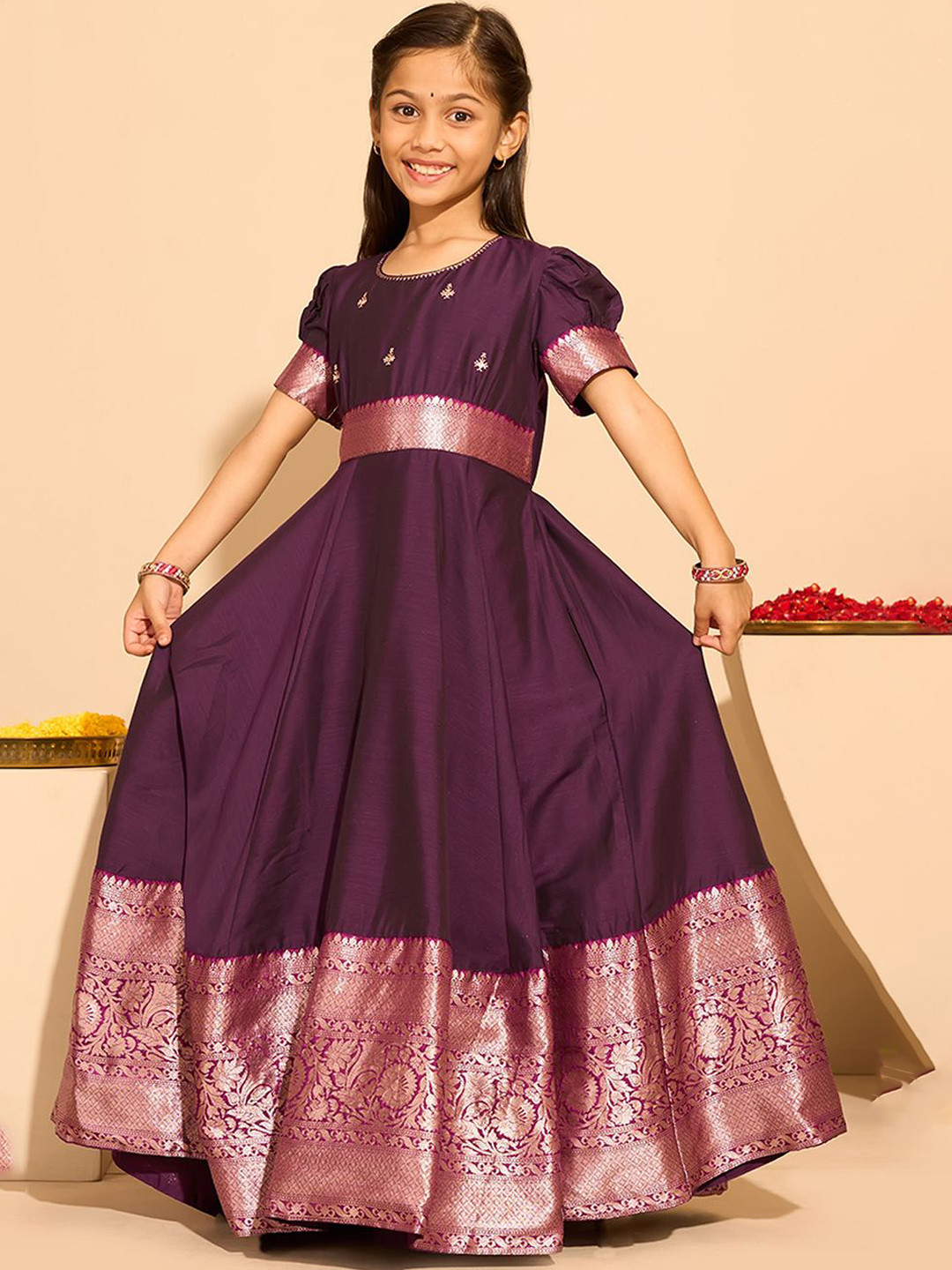 Girls Bead Embellished Printed Silk Ethnic Dress - 1