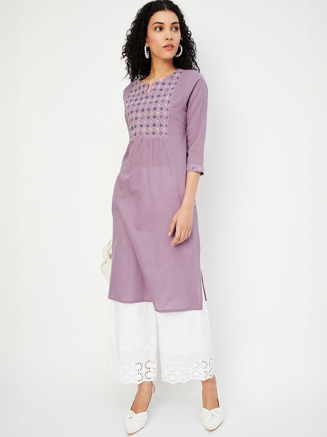 Women White Geometric Printed Anarkali Kurta With Frills main image 1