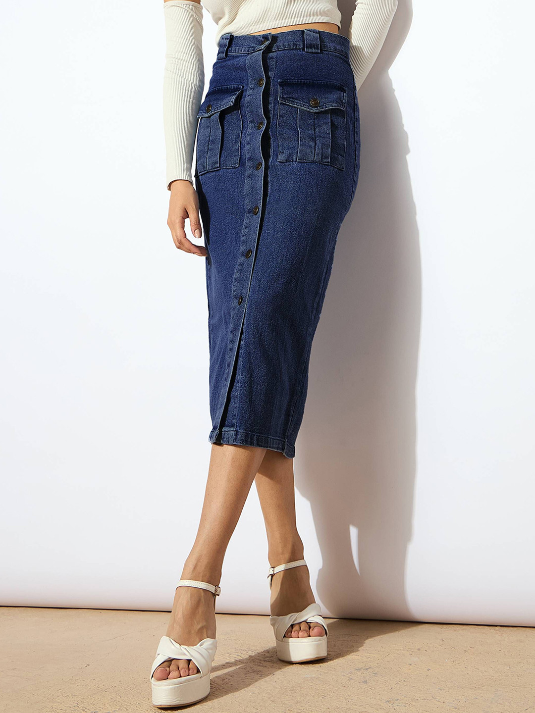 Women Blue Denim Front Slit Pencil Skirt