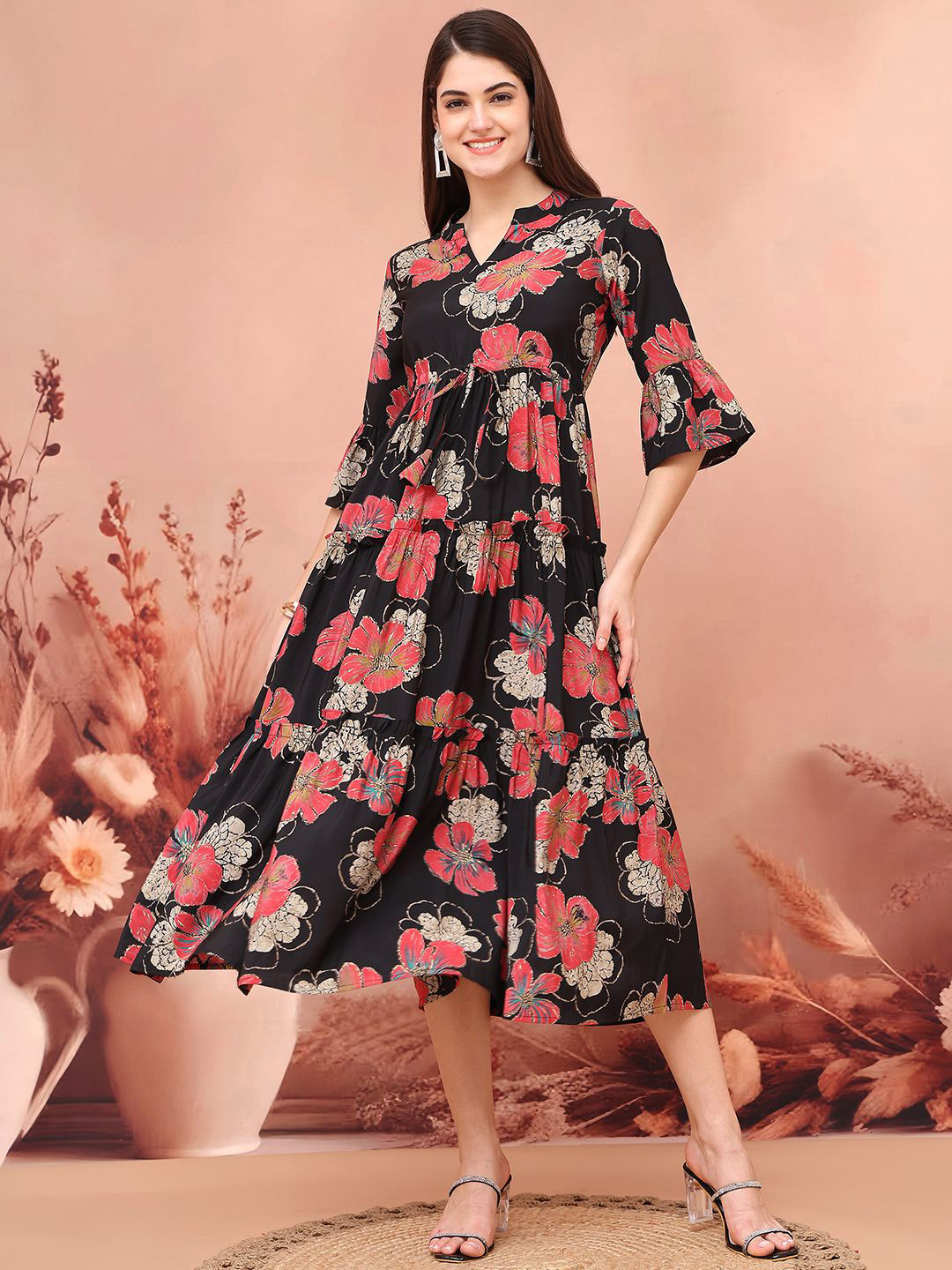 Blue Floral Printed Viscose Rayon V-neck Kaftan Dress | Claura