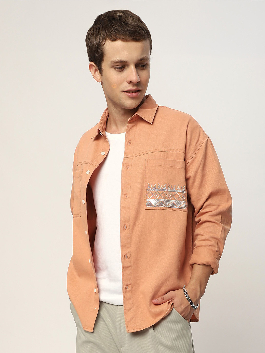White Moderno Fit Men's Long Sleeves Spread Collar Shirt by Being Human Clothing