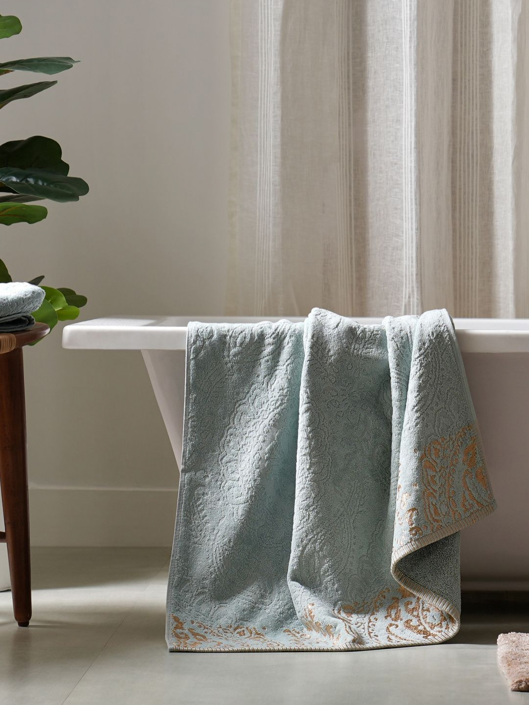 Buy MASPAR Blue & Gold Toned Floral Printed Cotton 500 GSM Bath Towel ...