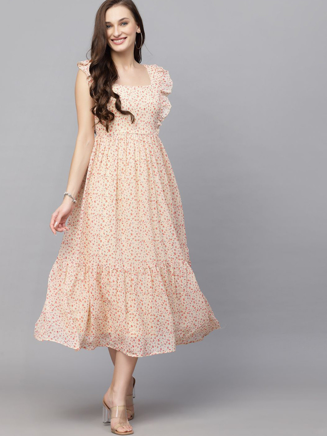 V Neck Allover Printed Fit & Flare Maxi Dress