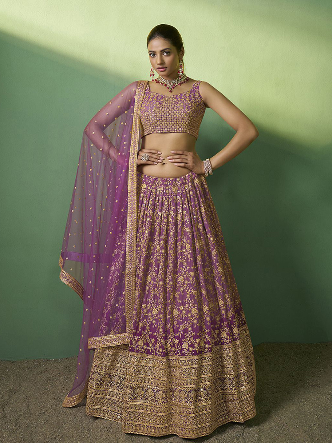 Fushcia Semi-Stitched Lehenga with Contrast Dupatta & Blouse With Placement  Embroidery