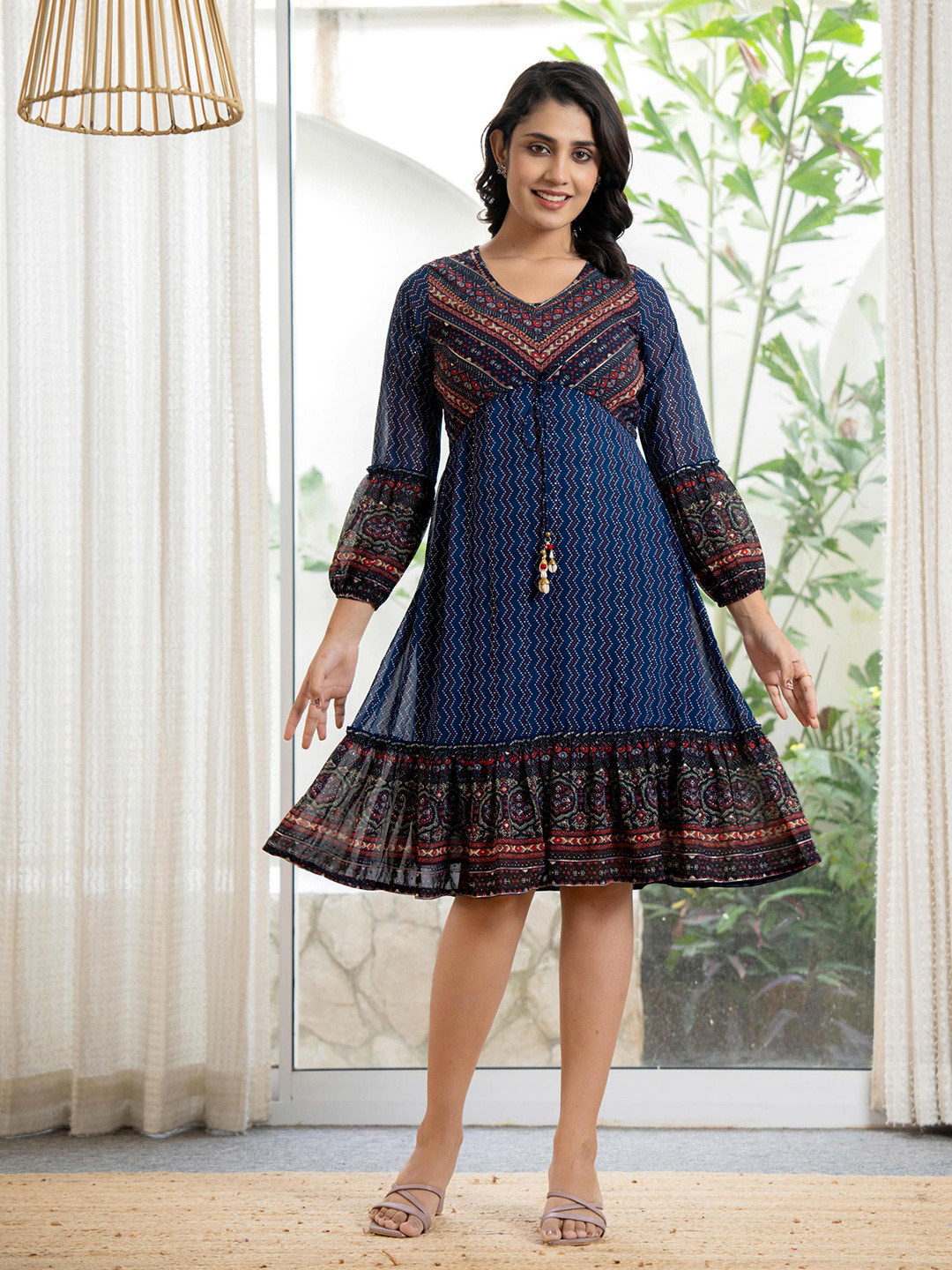 Girls Ethnic Motifs Print Cotton Round Neck A-Line Midi Dress With Shrug