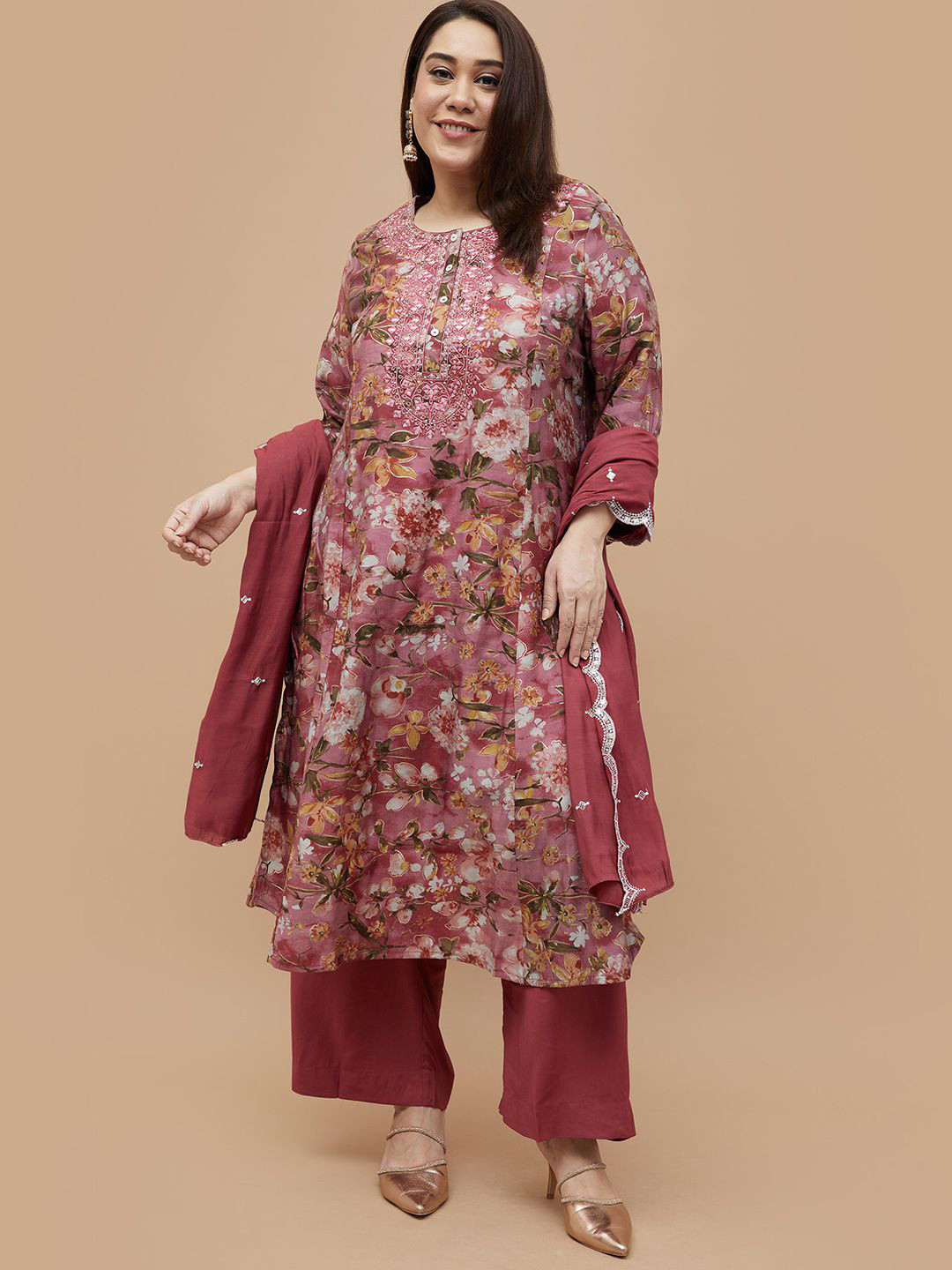 Plus Size Floral Embroidered Thread Work Kurta With Trousers & Dupatta